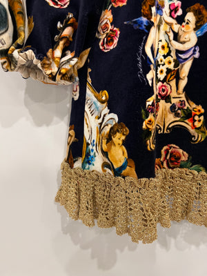 Dolce & Gabbana Navy Velours Long-Sleeved Mini Dress with Baroque Fantasy Prints with Gold Collar and Trim Size IT 40 (UK 8)