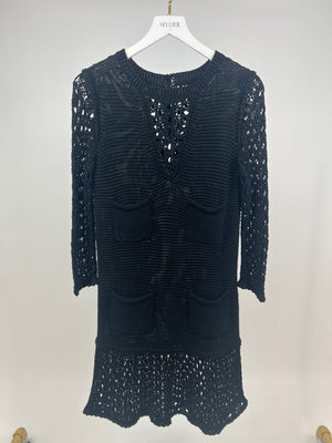 Chanel Black Crochet Long Sleeve Dress with Pearl Button Back Detail Size FR 38 (UK 10)