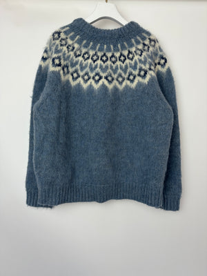 Celine AW22 Light Blue Brushed Fair Isle Wool Oversized Crew Neck Jumper Size M (UK 10)