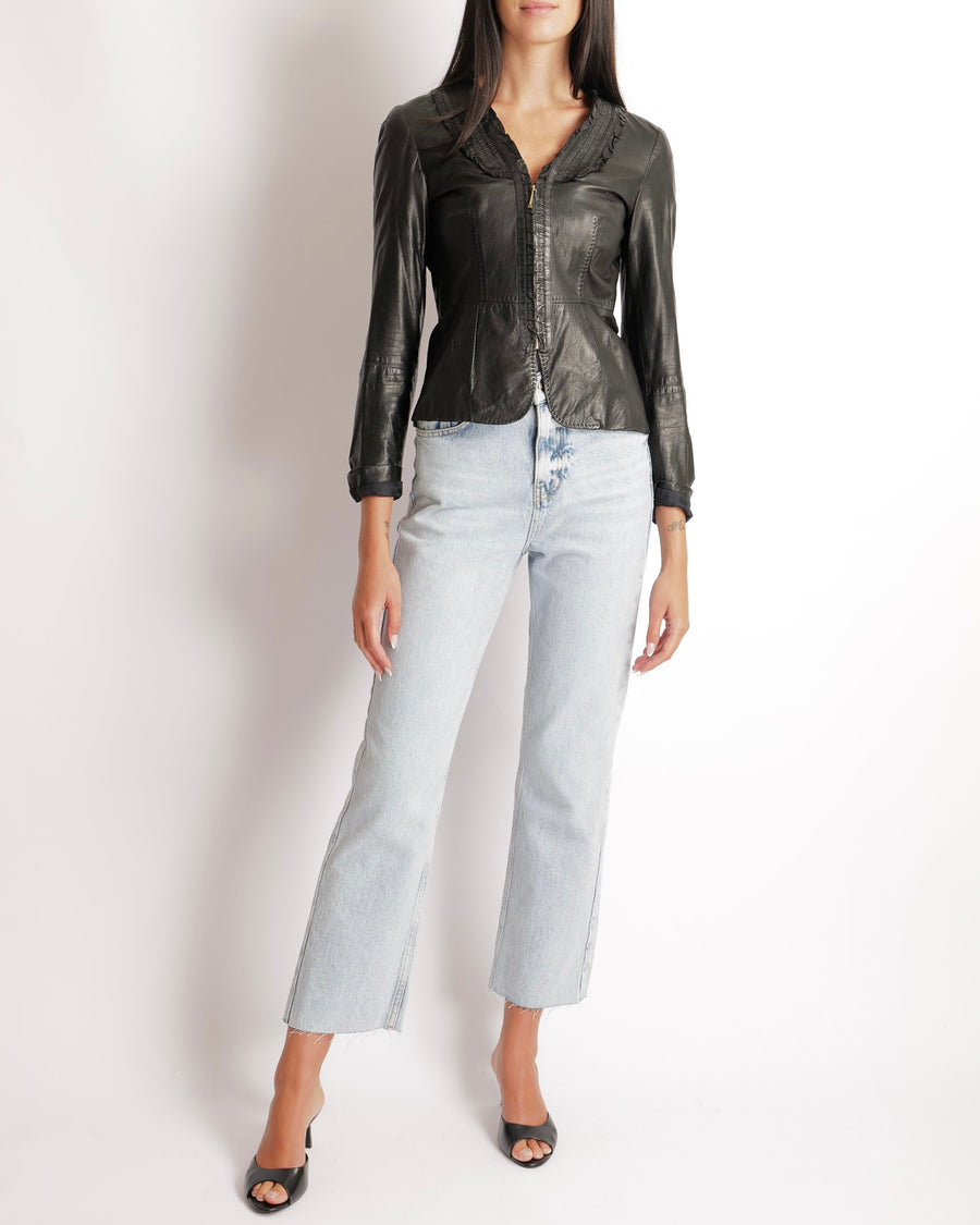 Gucci Black Leather Jacket with Ruffled Collar Detail and Gold Zipper Size IT 38 (UK 6)