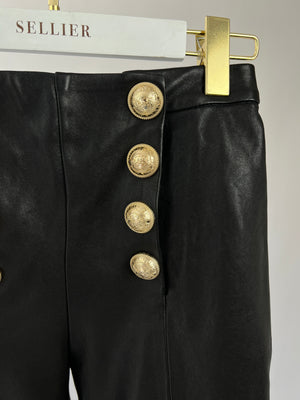Balmain Black Straight-Leg Leather Trousers with Gold Button Detail Size FR 34 (UK 6)