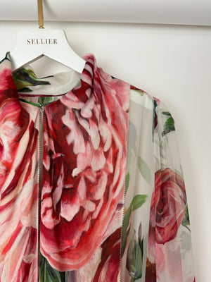 Dolce & Gabbana Blush Green, Pink and Purple Floral Sheer Silk Blouse with Bow Neckline Size IT 44 (UK 12)