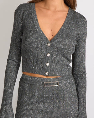 Alessandra Rich Grey and Silver Metallic Crystal Embellished Cropped Cardigan and Midi Skirt Set with Silver Buttons Detail Size IT 40 (UK 8) RRP £1,600