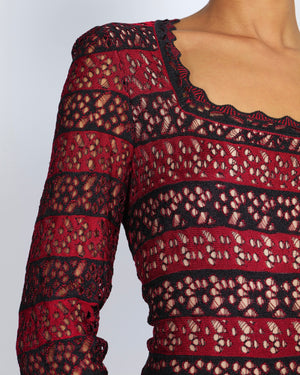 Alaia Burgundy Perforated Striped Long-Sleeved Mini Dress Size FR 42 (UK 14)