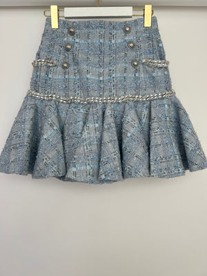 Balmain Sky Blue Tweed Mini Skirt with Ruffles Silver Buttons Detail Size FR 38 (UK 10)
