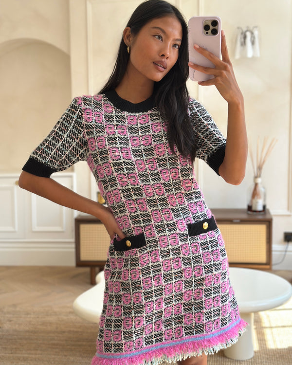 Gucci Black, Pink and White Tweed Logo Knit Short Sleeve Dress with Pocket Detail and Gold Logo Buttons Size S (UK 8)