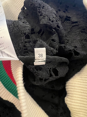 Gucci Black Lace Bomber Jacket with White, Red and Green Knitted Collar and Cuffs and GG Logo Detail Size IT 38 (UK 6)