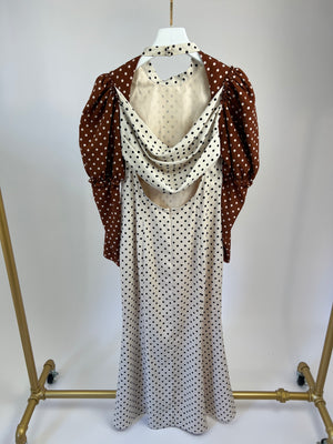 Rejina Pyo Cream, Brown Polka Dot Long-Sleeve Midi Dress Size UK 10