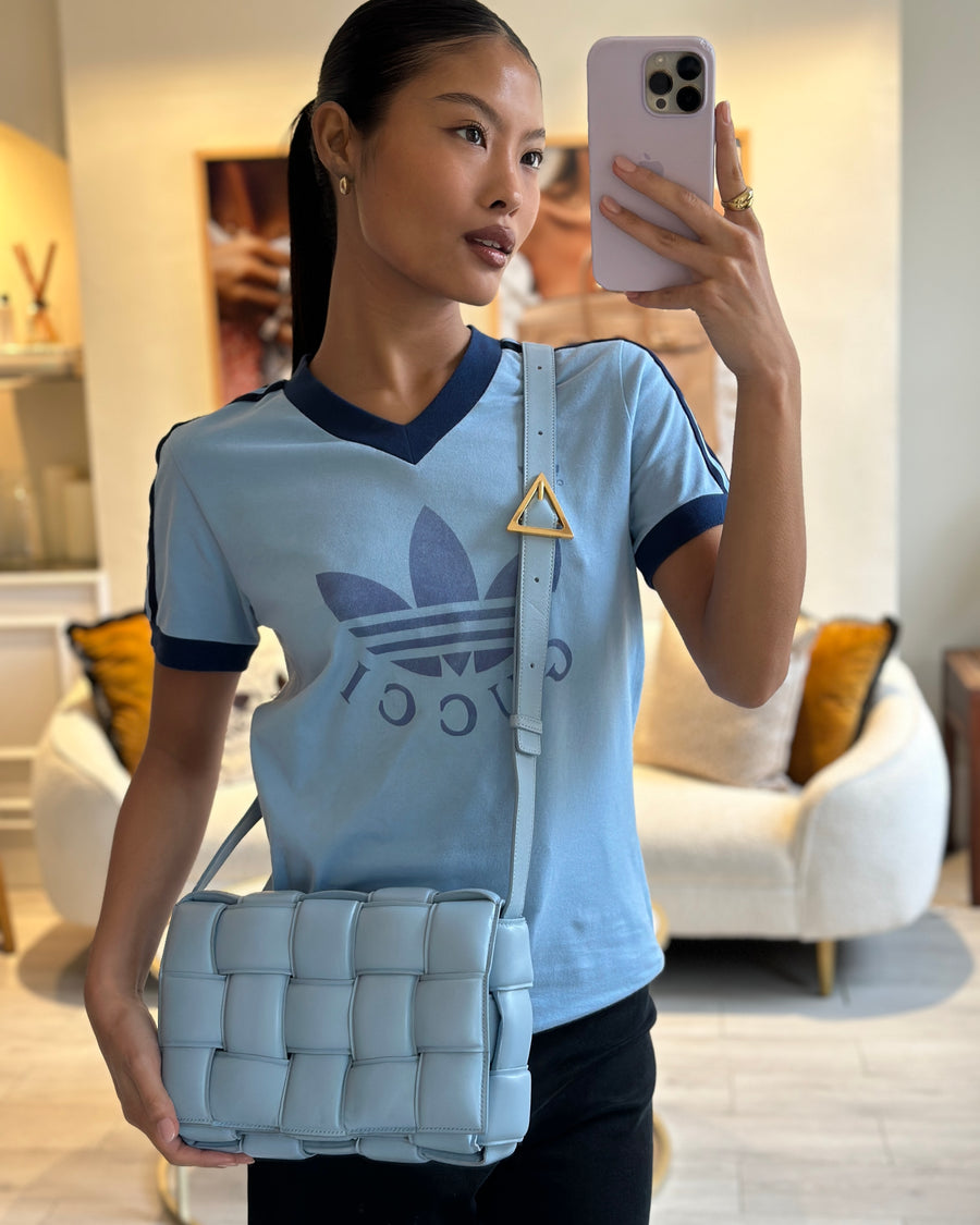 *HOT COLOUR & FIRE PRICE* Bottega Veneta Sky Blue Padded Cassette Bag with Gold Hardware RRP £2,780