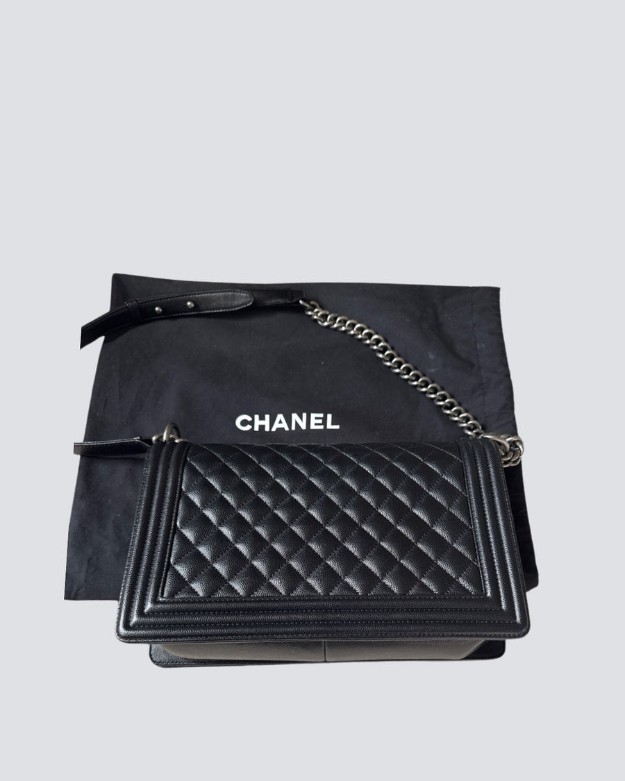 Chanel Black Caviar Leather Boy Bag With Ruthenium Hardware