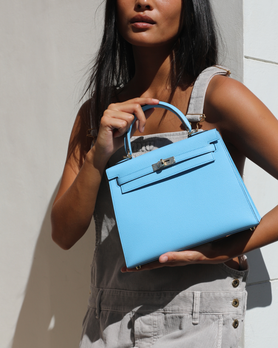 *VERY RARE* Hermès HSS Kelly 25 Sellier Bag in Bleu Celeste Epsom Leather with Bleu Jean Contrast Stitching and Permabrass Hardware