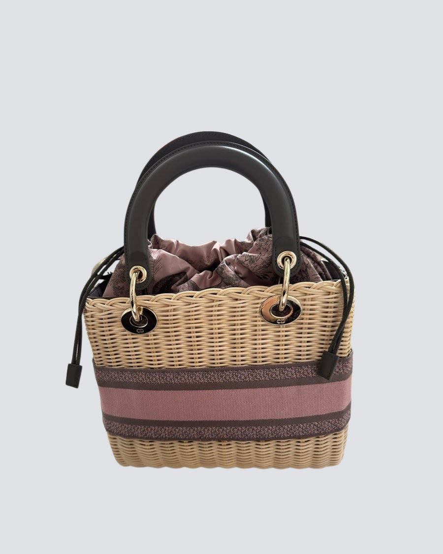 Christian Dior Pink and Grey Lady Dior Whicker Bag With Rose Gold Hardware
