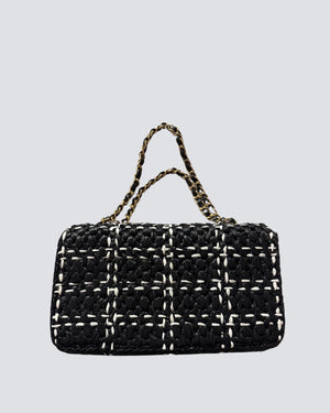 Chanel Black And White Raffia Tweed Design Classic Flap With Aged Gold Hardware