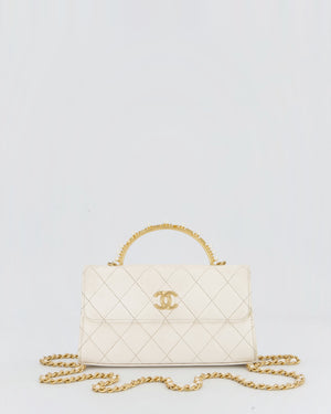 Chanel Wallet On Chain in White Quilted Lambskin Leather with Gold Hardware and Pearl and Logo Top Handle