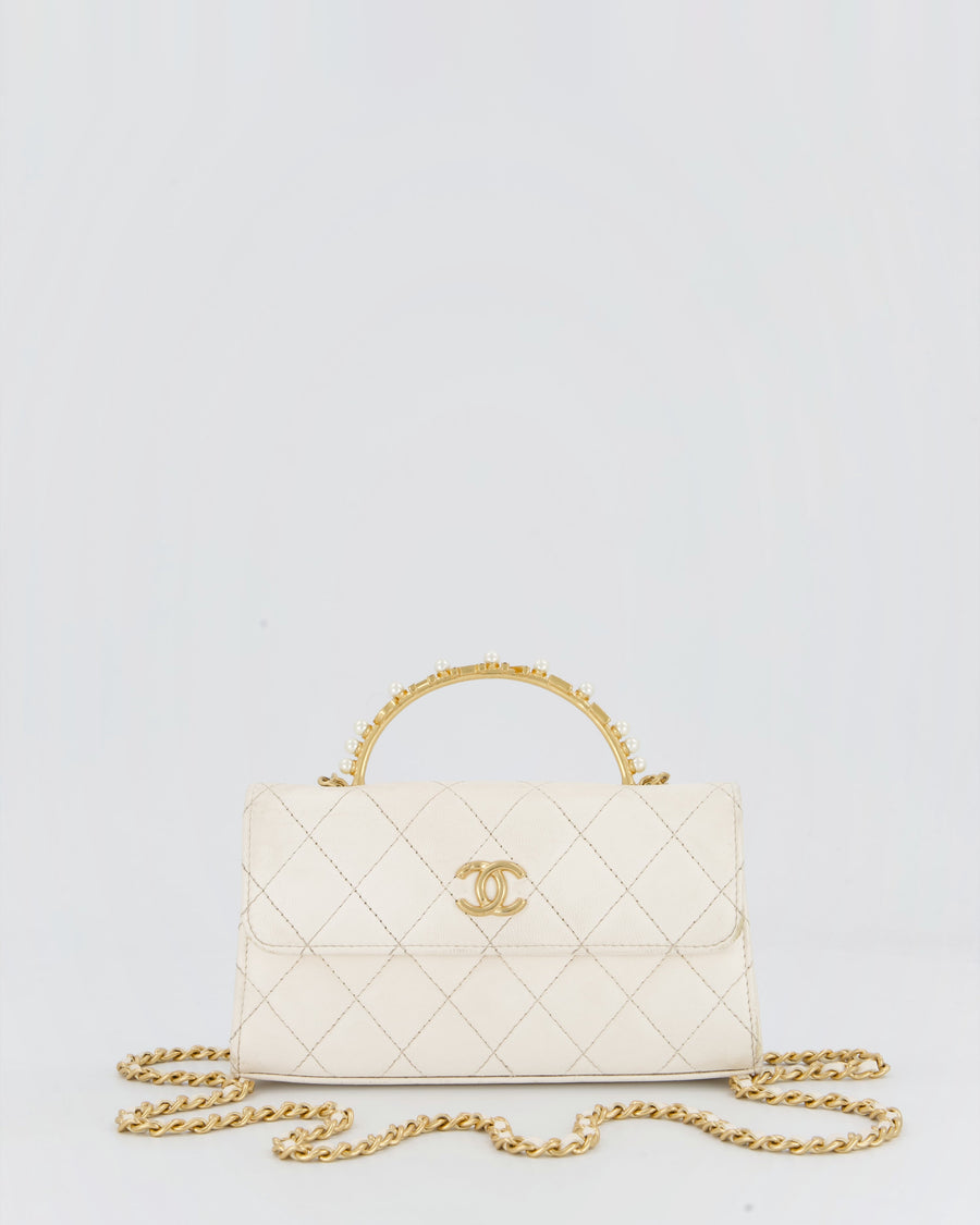 Chanel Wallet On Chain in White Quilted Lambskin Leather with Gold Hardware and Pearl and Logo Top Handle