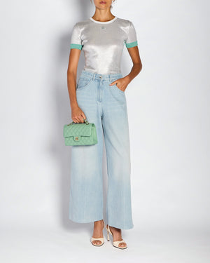 Chanel 25/C Silver and Green Metallic Ribbed CC Short Sleeve T-Shirt Size FR 34 (UK 6)