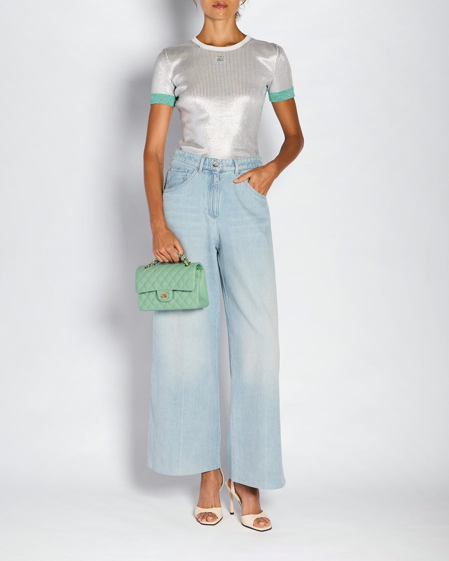 Chanel 25/C Silver and Green Metallic Ribbed CC Short Sleeve T-Shirt Size FR 34 (UK 6)