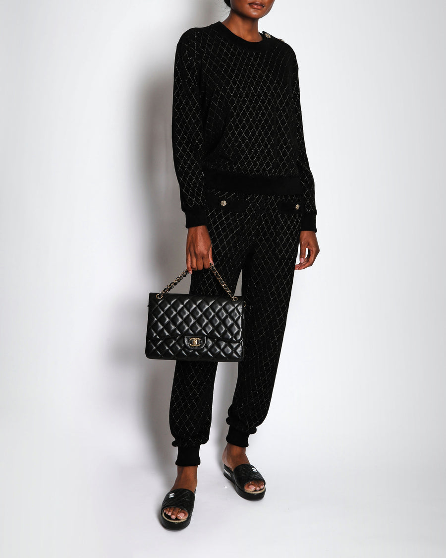 Chanel 20/C Black Quilted Long Sleeve Jumper with Embellished Button Detail Size FR 38 (UK 10)