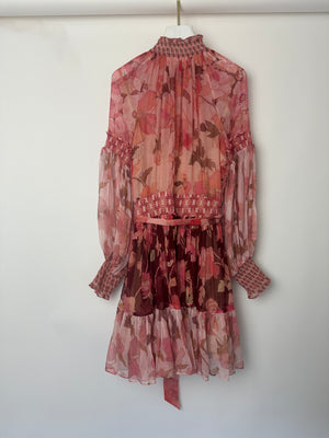 Zimmerman Pink Mixed Floral Printed Concert Spliced Lantern Mini Dress with Tie Belt Size 3 (UK 14)
