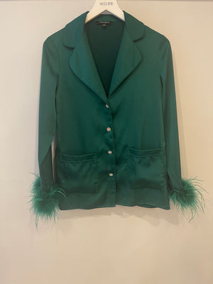 Nadine Merabi Green Satin Top and Trousers Set with Feather Trim Detail and Crystal Buttons Size UK 6/8