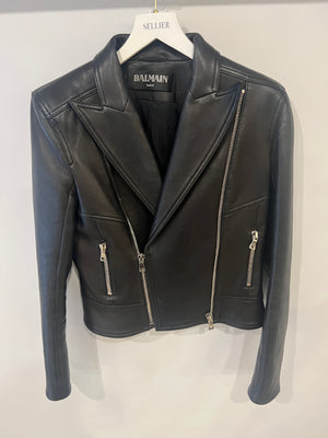 Balmain Black Leather Jacket with Silver Zippers Detail Size FR 40 (UK 12)