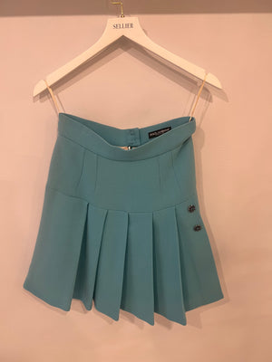 Dolce & Gabbana Light Blue Wool Pleated Mini Skirt with Crystal Embellished Buttons Size IT 42 (UK 10)