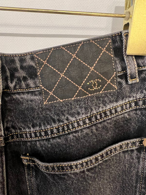 Chanel Dark Grey Boot-Cut Jeans with Crystal Logo Detail and Champagne Gold CC Logo Button Size FR 36 (UK 8)