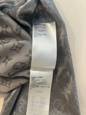 Louis Vuitton Silver Metallic Silk Jumpsuit with Monogram Logo Prints Size FR 38 (UK 10)