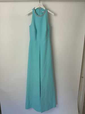 Safiyaa Tiffany Blue Eula Positano Sleeveless Wide Leg Jumpsuit with Sequence Neckline Detail IT 38 (UK 6)