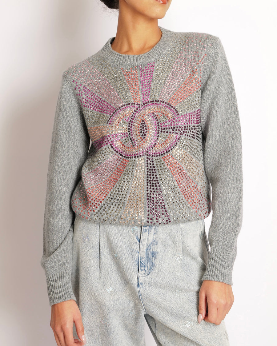 Chanel Grey Cashmere Knitted Jumper with Multi-Colour Crystal Embellished CC Logo Size FR 38 (UK 10)