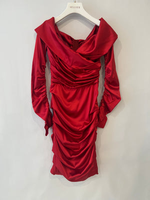 Dolce & Gabbana Red Silk Draped Mini Dress with Rouched Sleeves Detail Size IT 42 (UK 10)