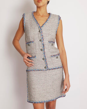 Chanel Spring 2014 Silver Metallic Sleeveless Tweed Mini Dress with Blue and Pink Details with Silver Beaded CC Logo Buttons Size FR 34 (UK 6)