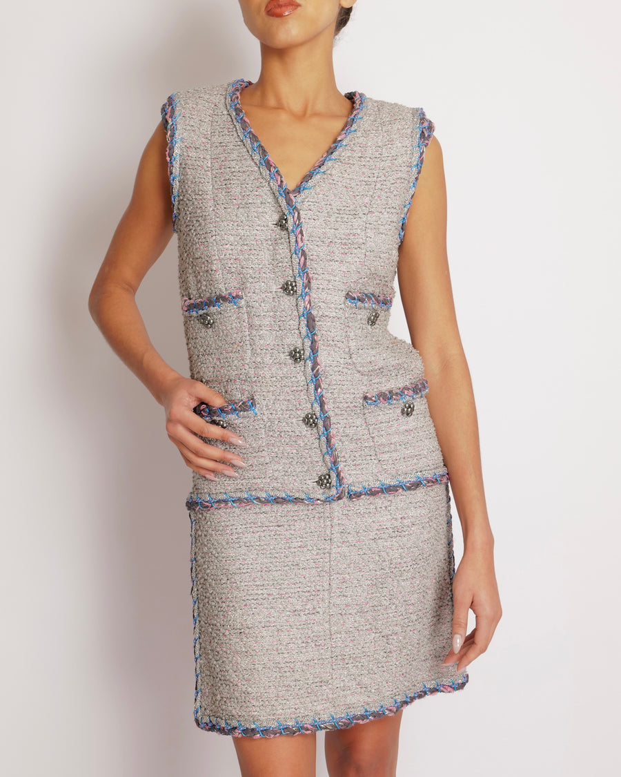 Chanel Spring 2014 Silver Metallic Sleeveless Tweed Mini Dress with Blue and Pink Details with Silver Beaded CC Logo Buttons Size FR 34 (UK 6)