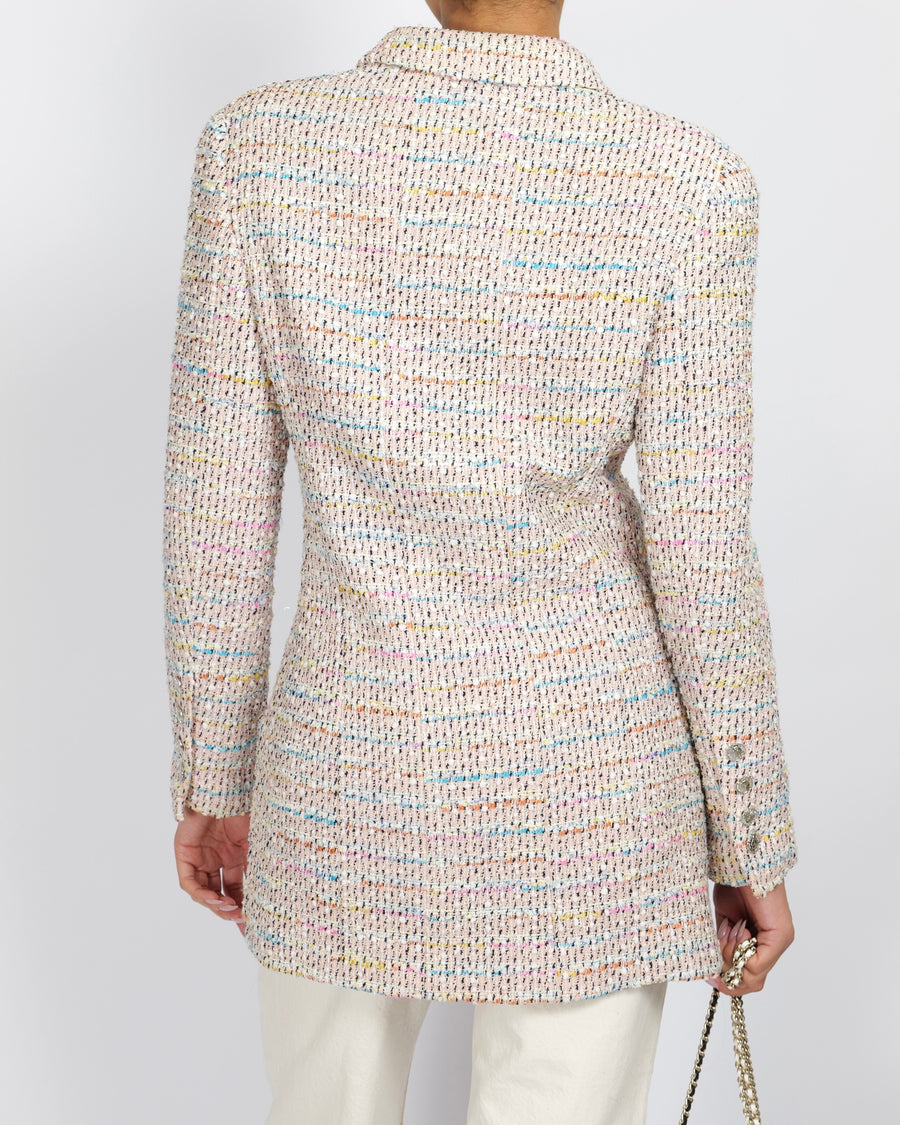 Chanel Vintage 96P Pink and Multi-Colour Tweed Long Jacket with Silver CC Logo Buttons Size FR 44 (UK 16)