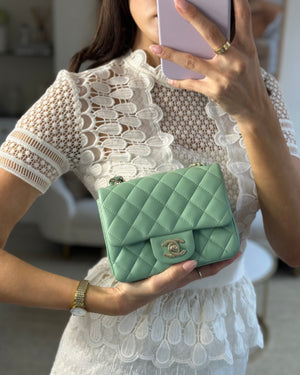 *HOT COLOUR* Chanel Green Tea Mini Square Bag in Lambskin Leather with Champagne Gold Hardware