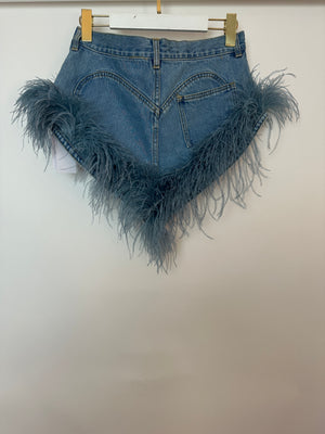 AREA Blue Denim High-Waisted Shorts with Feather Trim Detail Size FR 36 (UK 8)