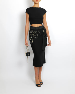 Dolce & Gabbana Black Wool Midi Skirt with Crystal Embellishments and Buckle Detail Size IT 44 (UK 12)