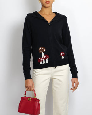 Loro Piana Navy Baby Cashmere Ribbed Long-Sleeved Hooded Gilet with Mushrooms and Fox Print Size IT 40 (UK 8)