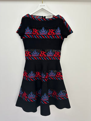 Valentino Navy A-Line Mini Dress with Black, Red and Blue Lace Panel Details Size UK 10 (Size Medium)