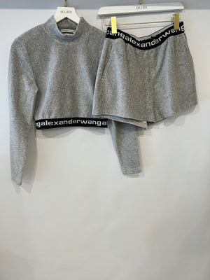 Alexander Wang Light Grey Ribbed Shorts and Top Set with Black Logo Size M (UK 10)