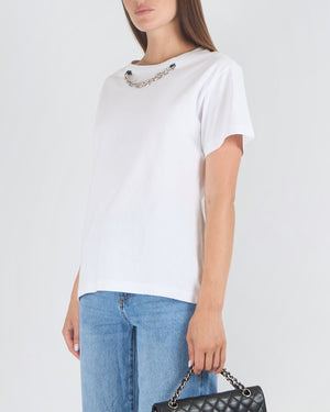 Louis Vuitton White Short-Sleeved T-Shirt with Silver Metal Chain and Logo Detail Size M (UK 10) RRP £700