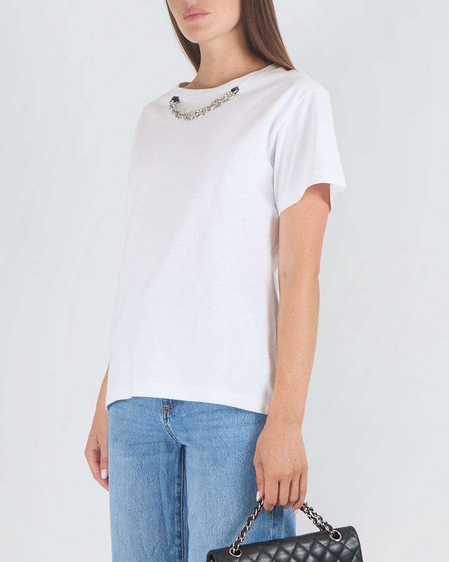 Louis Vuitton White Short-Sleeved T-Shirt with Silver Metal Chain and Logo Detail Size M (UK 10) RRP £700