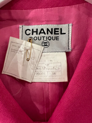 Chanel 95P Vintage Barbie Pink Linen Mini Dress and Cropped Jacket Set with Gold CC Logo Buttons Size FR 38 (UK 10)