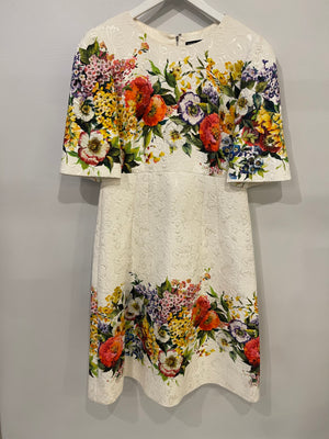 Dolce & Gabbana White and Multicolour Floral Embroidered Midi Dress Size IT 42 (UK 10)