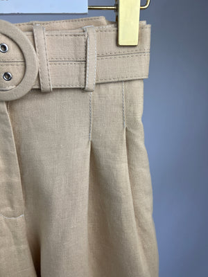 Nicholas Beige Linen Top and Trouser Set with Wood Detail Buttons and Belt UK 6
