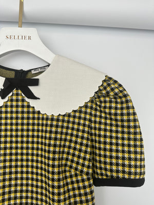Miu Miu Yellow, Black and Houndstooth Short Sleeve Crop Top with White Scallop Collar Detail Size M (UK 10)