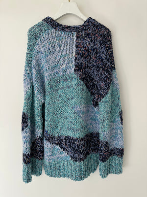 Chanel 23P Aqua Blue Metallic, Navy White Crochet Knit Oversized Cardigan with Silver Logo Crystal Buttons Size FR 36 (UK 8)