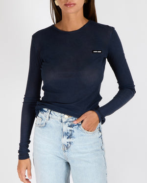 Miu Miu Navy Long Sleeved Top with Black and White Logo Embroidery Detail Size IT 40 (UK 8) RRP £985