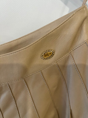 Chanel 05A Beige Leather Pleated Mini Skirt with Gold CC Logo Detail Size FR 42 (UK 14)