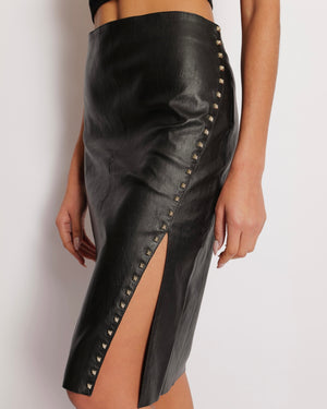 Jitrois Black Lambskin Leather Midi Skirt with Silver Stud Embellished Side Slit Detail Size FR 40 (UK 12)